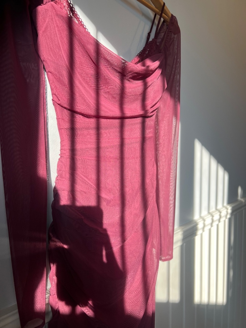 House of CB Burgundy Long Sleeve Mesh Gown - Picture 10 of 12